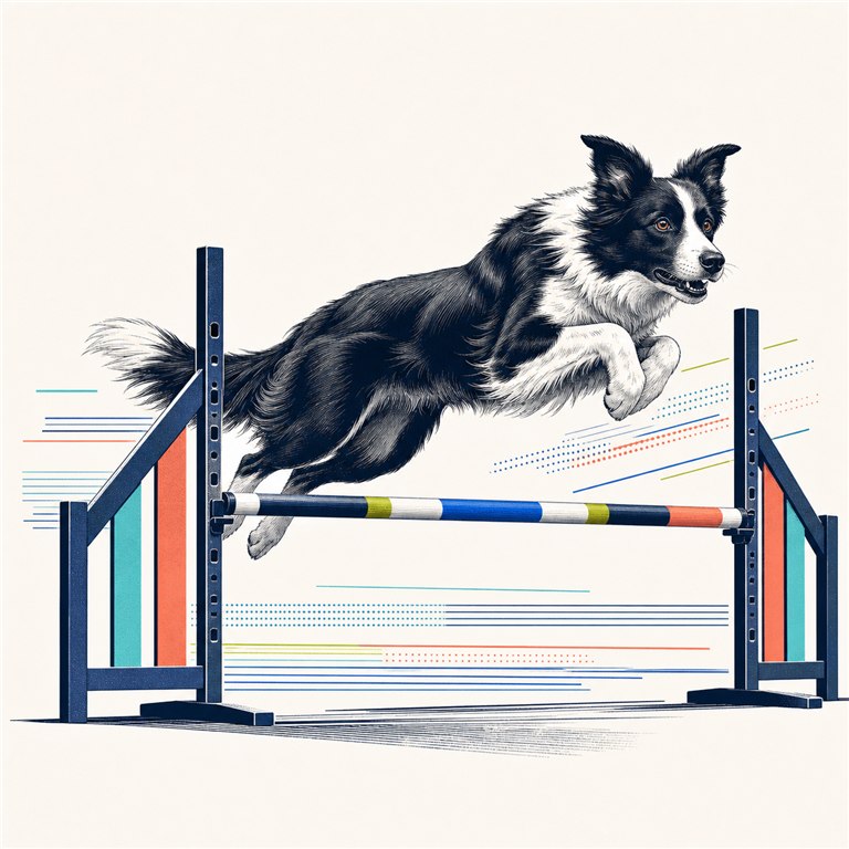 Border Collie clearing an agility jump in a professional sporting illustration
