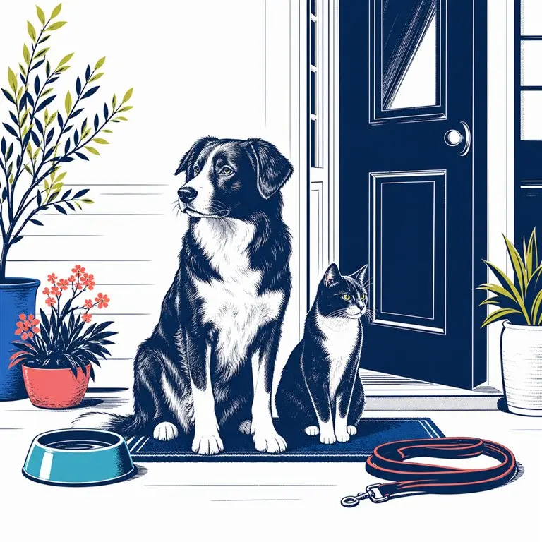 Dog and cat waiting by their front door for in-home pet care