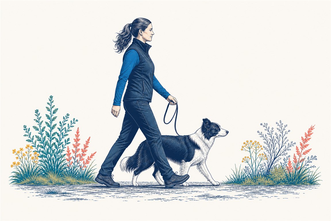 Handler and attentive Border Collie walking together in a natural heel position