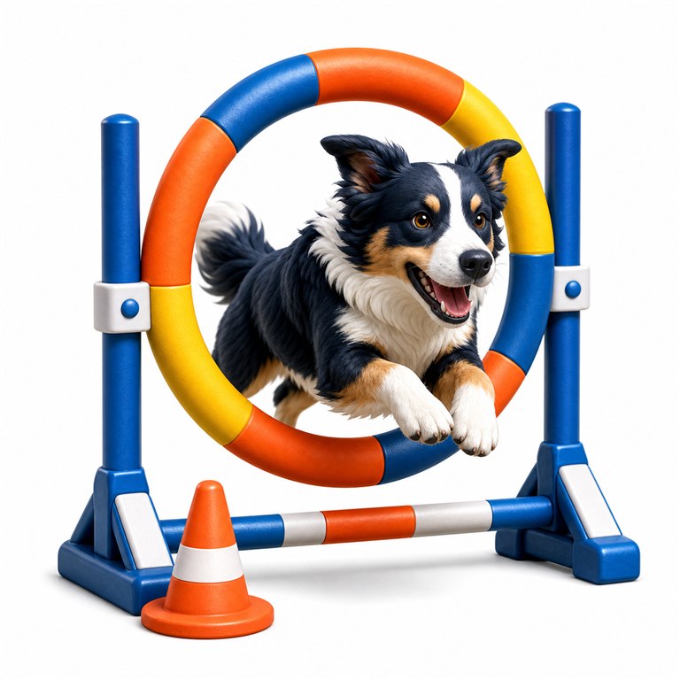 Border collie jumping through an agility hoop